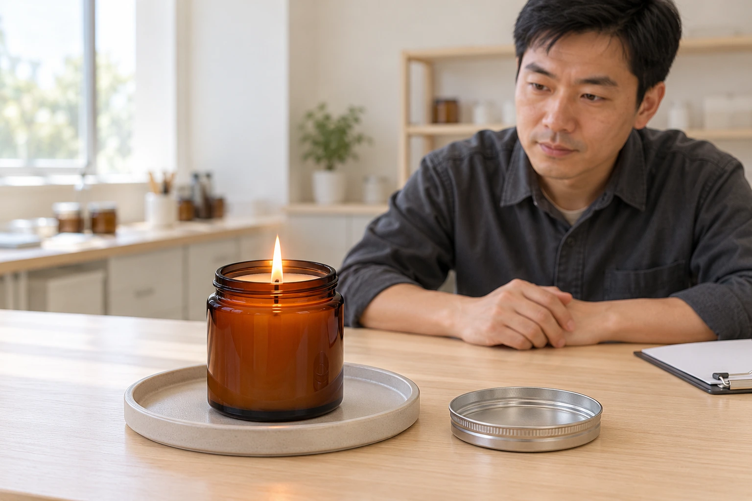 Un technicien chinois observe une bougie en verre ambré allumée, posée sur un plateau résistant à la chaleur à côté de son couvercle en fer-blanc.