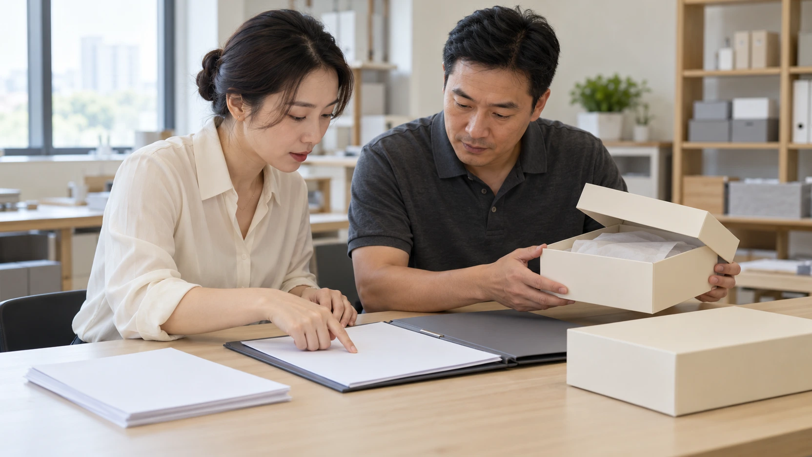Le personnel chinois chargé de la qualité et de la production examine les documents relatifs au stockage et à la remise des échantillons.