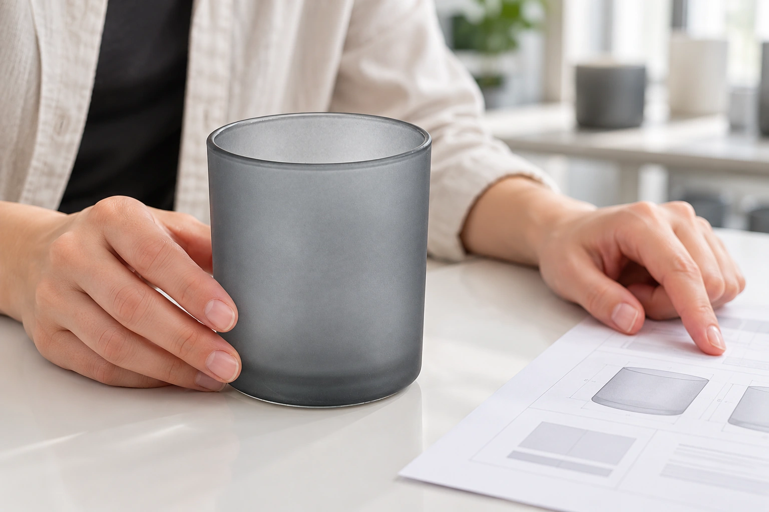Un développeur examine un pot à bougie en verre gris à côté d'un plan technique