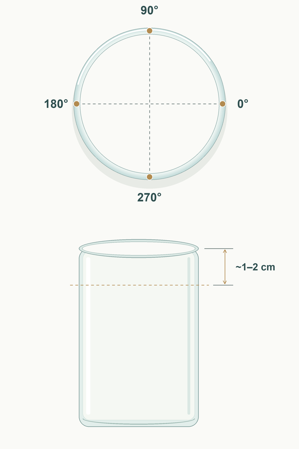 Vues de dessus et de profil superposées d'un photophore en verre, montrant quatre points de mesure et un niveau situé sous le bord