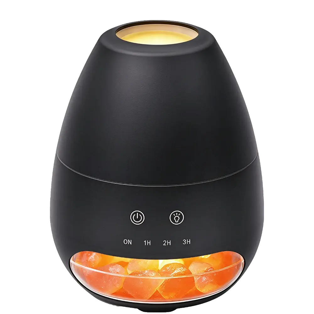 Green-Life plastic ultrasonic diffuser GF25EA14061E43 with salt warmer 2-in-1 concept, integrating Himalayan salt decoration with ultrasonic aroma diffusion for decorative fragrance product lines.