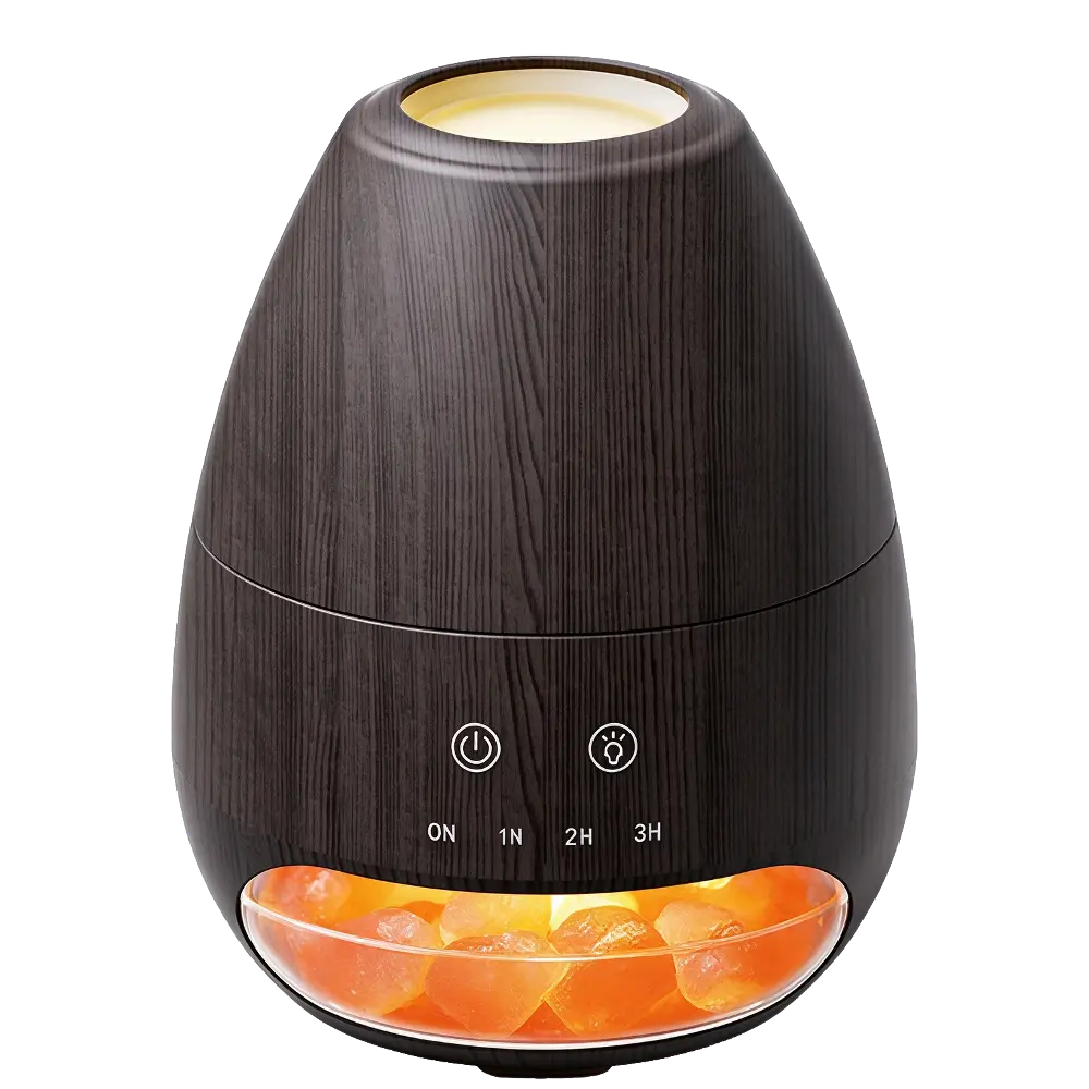 Green-Life plastic ultrasonic diffuser GF25EA14062E43 with salt warmer 2-in-1 concept, integrating Himalayan salt decoration with ultrasonic aroma diffusion for decorative fragrance product lines.