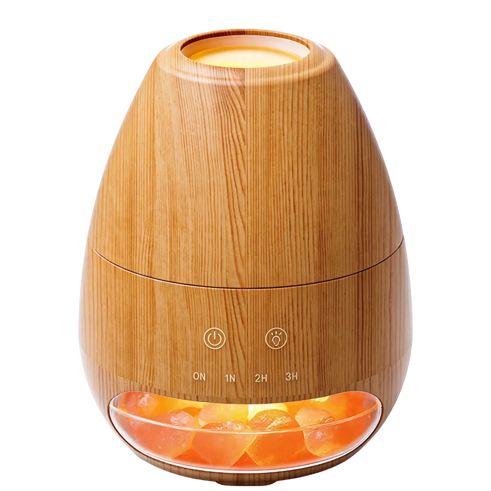 Green-Life plastic ultrasonic diffuser GF25EA14063E43 with salt warmer 2-in-1 concept, integrating Himalayan salt decoration with ultrasonic aroma diffusion for decorative fragrance product lines.