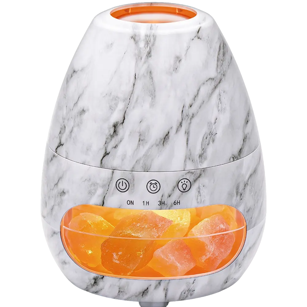 Green-Life plastic ultrasonic diffuser GF25EA14064E43 with salt warmer 2-in-1 concept, integrating Himalayan salt decoration with ultrasonic aroma diffusion for decorative fragrance product lines.