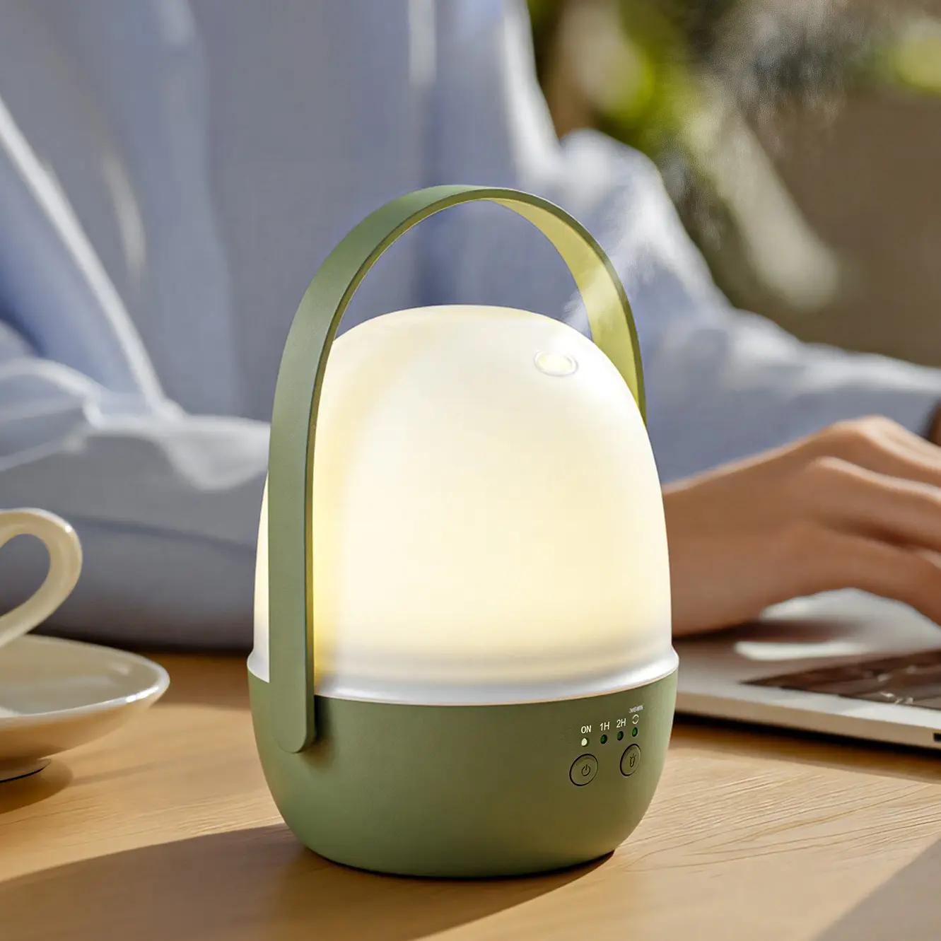 Green-Life plastic ultrasonic diffuser GF25EA18072E43 with lantern shape design, creating warm ambient lighting while delivering ultrasonic aroma diffusion for decorative home fragrance products.