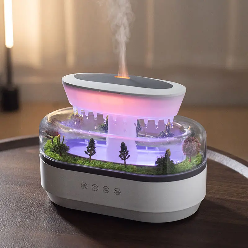 Green-Life plastic ultrasonic diffuser GF25EA286E46 with raindrop visual effect, featuring cascading water droplets and mist diffusion for unique decorative aromatherapy experiences.