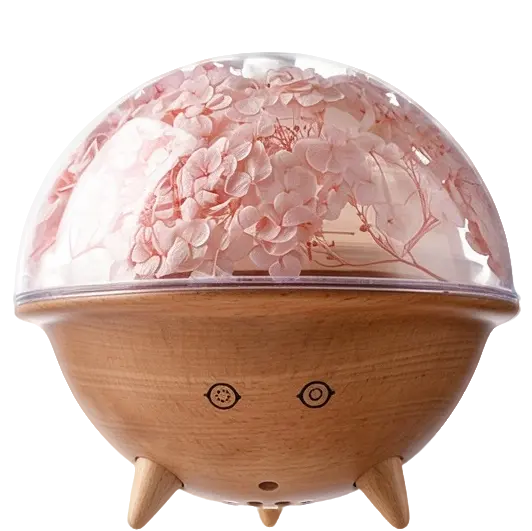 Green-Life plastic ultrasonic diffuser GF25EA935 with preserved flower decoration inside the dome, offering elegant botanical display for lifestyle fragrance brands and decorative diffuser collections.