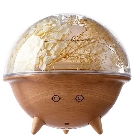 Green-Life plastic ultrasonic diffuser GF25EA936 with preserved flower decoration inside the dome, offering elegant botanical display for lifestyle fragrance brands and decorative diffuser collections.