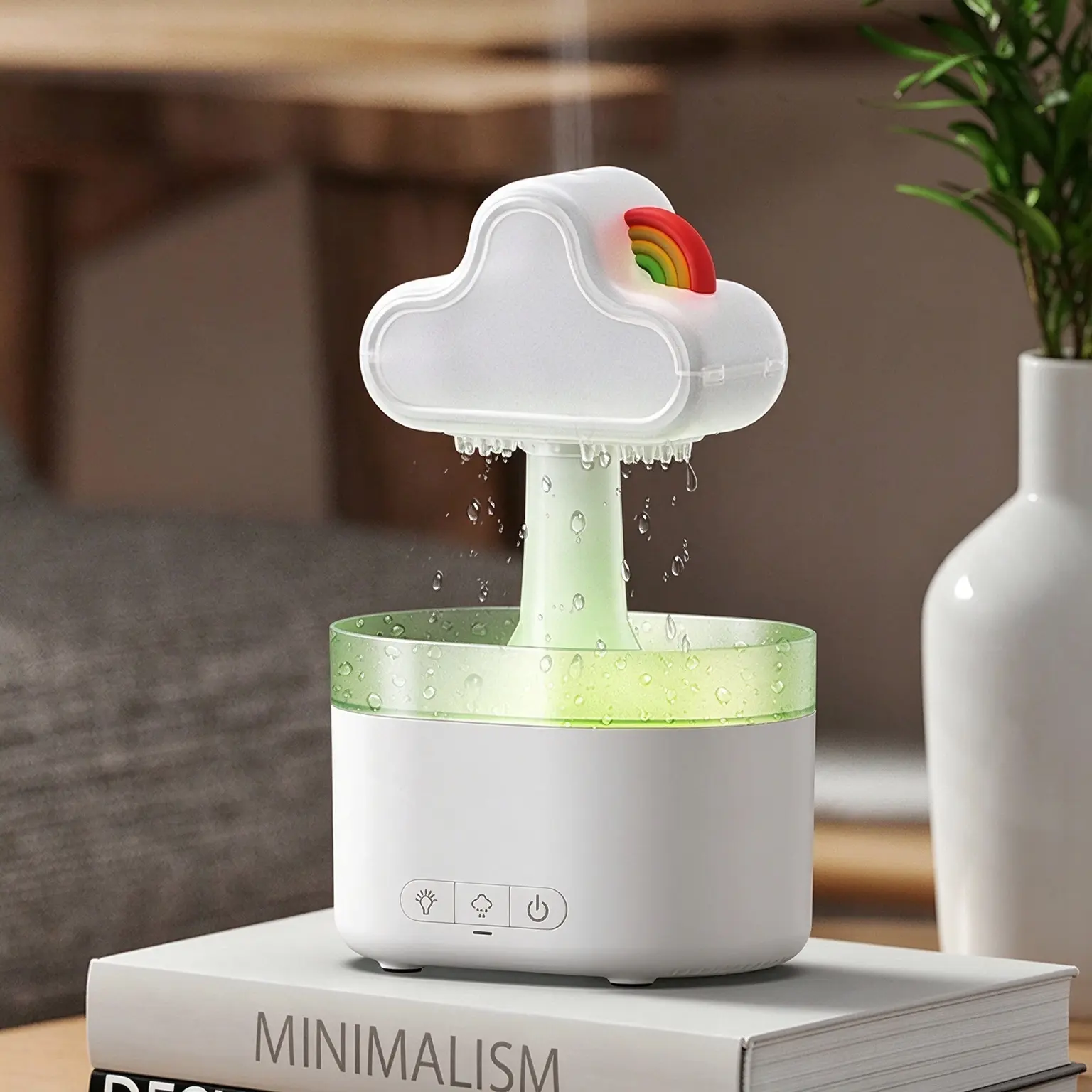 Green-Life plastic ultrasonic diffuser GF25EAV54E46 with raindrop visual effect, featuring cascading water droplets and mist diffusion for unique decorative aromatherapy experiences.