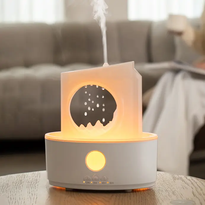 Green-Life plastic ultrasonic diffuser GF25EAV63E46 with raindrop visual effect, featuring cascading water droplets and mist diffusion for unique decorative aromatherapy experiences.