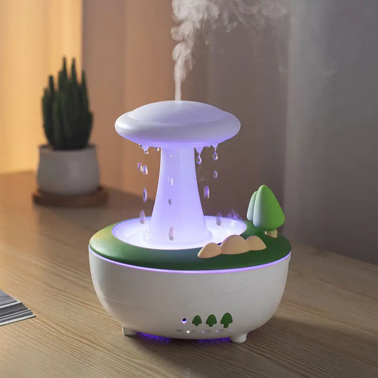 Green-Life plastic ultrasonic diffuser GF25EAV82E46 with raindrop visual effect, featuring cascading water droplets and mist diffusion for unique decorative aromatherapy experiences.