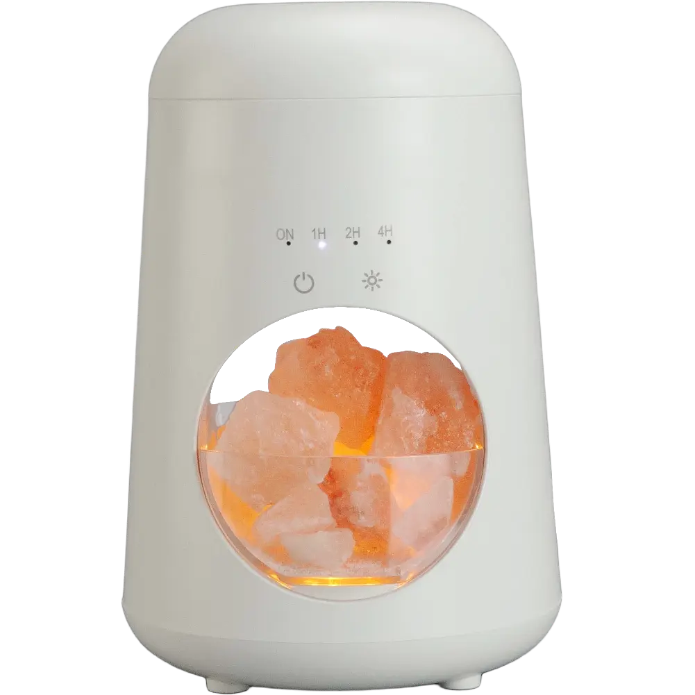 Green-Life plastic ultrasonic diffuser GFY02E44 with salt warmer 2-in-1 concept, integrating Himalayan salt decoration with ultrasonic aroma diffusion for decorative fragrance product lines.