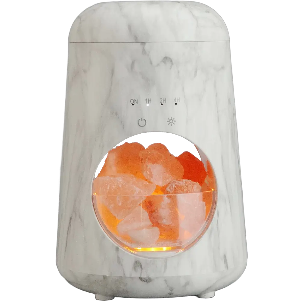 Green-Life plastic ultrasonic diffuser GFY04E44 with salt warmer 2-in-1 concept, integrating Himalayan salt decoration with ultrasonic aroma diffusion for decorative fragrance product lines.