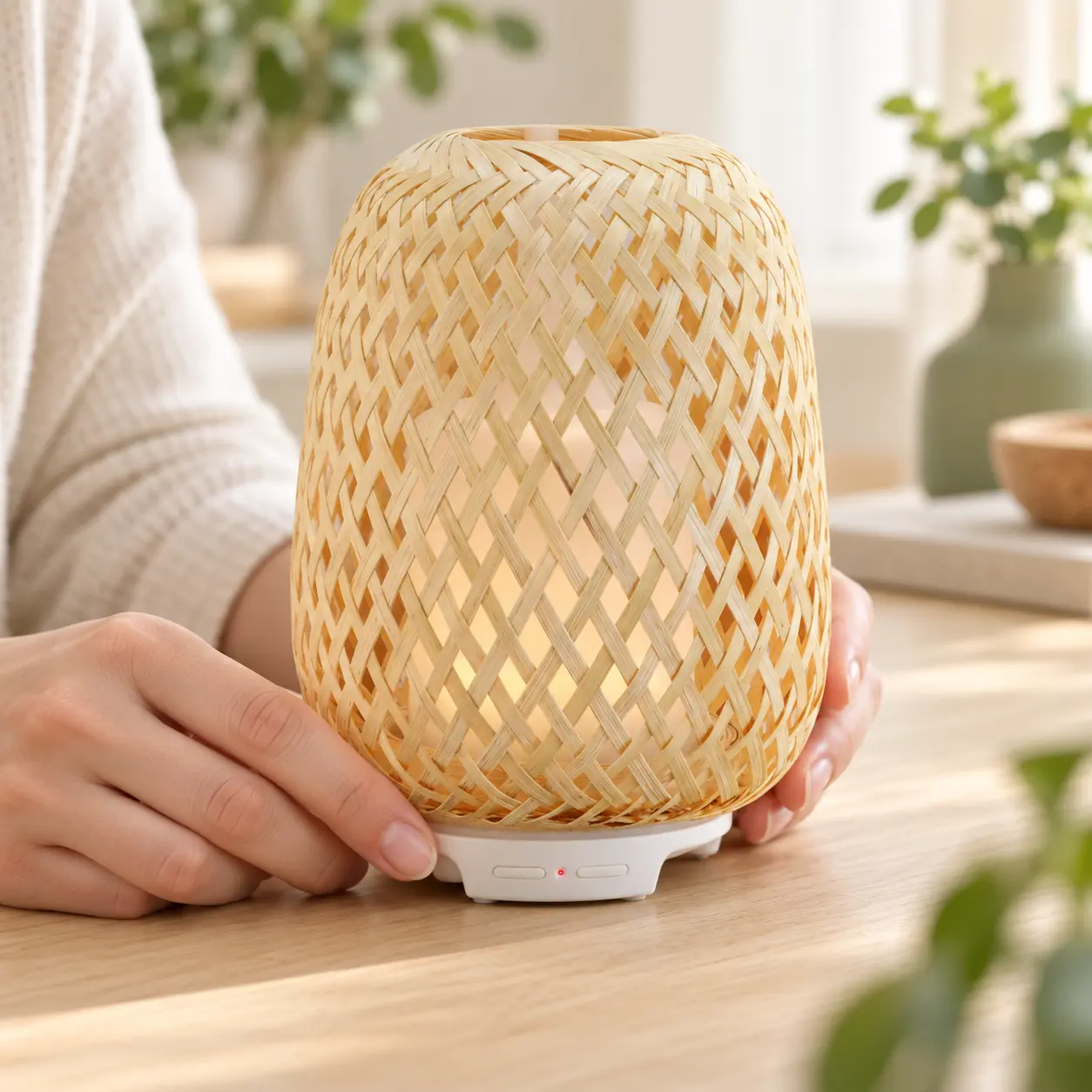 Hands steady a bamboo-wrapped diffuser while examining its woven exterior and front controls.
