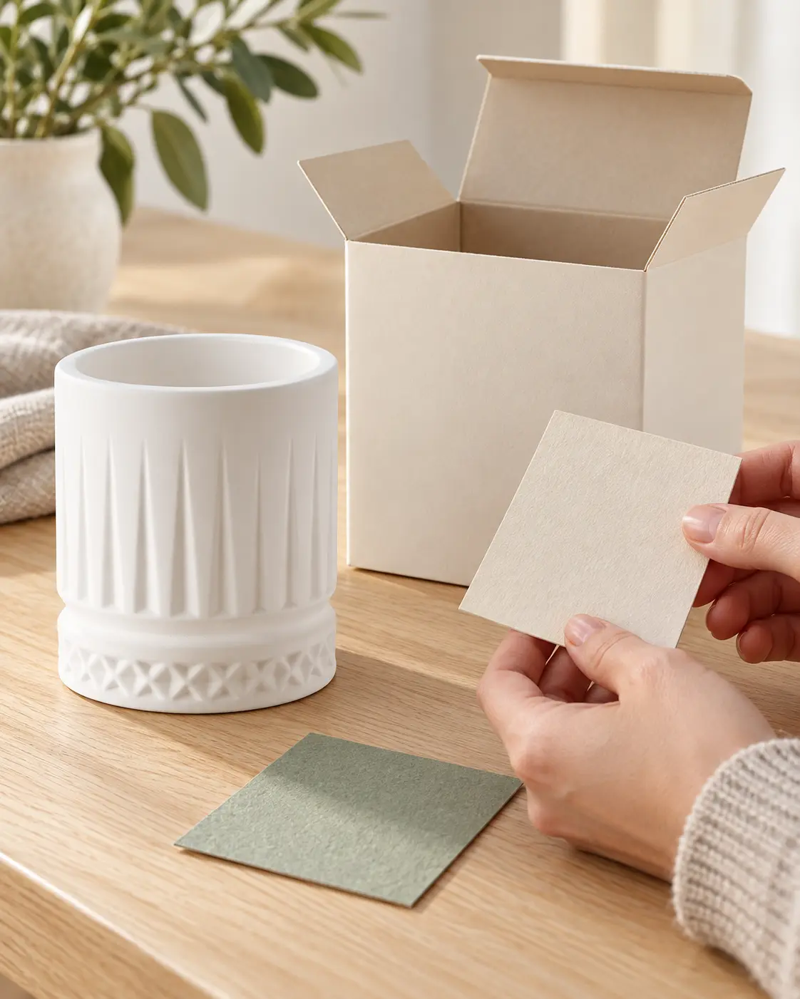 Hands compare paperboard samples beside a white ribbed vessel and an open unprinted box.