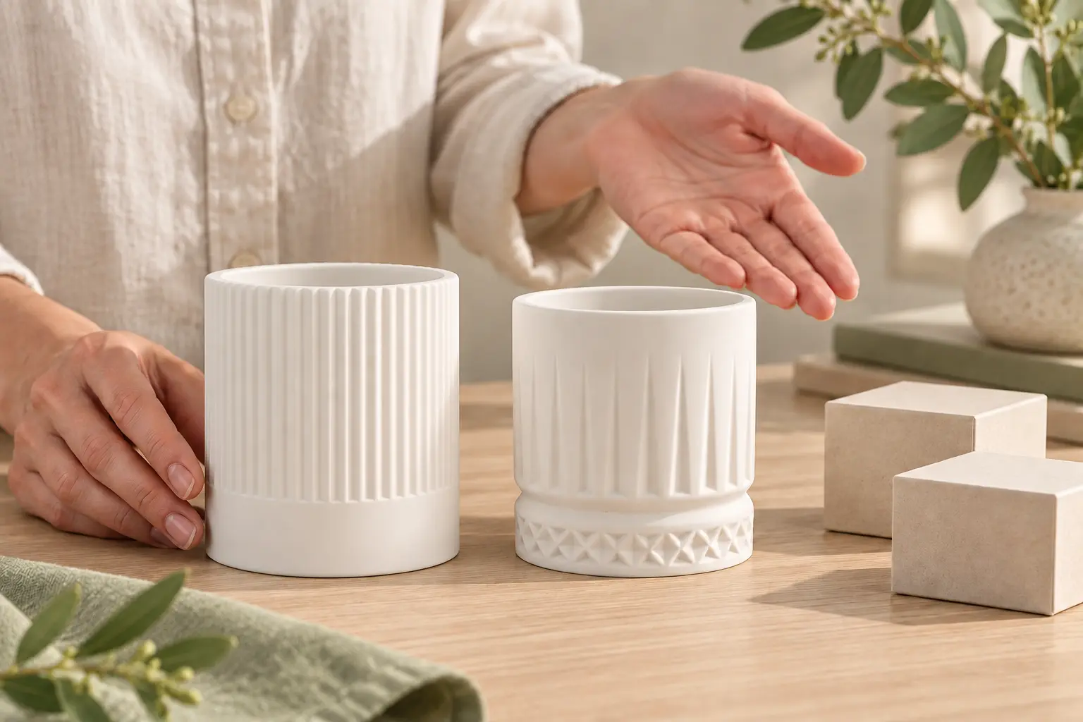 A buyer considers two empty white vessels with different ribbed designs beside plain sample boxes.