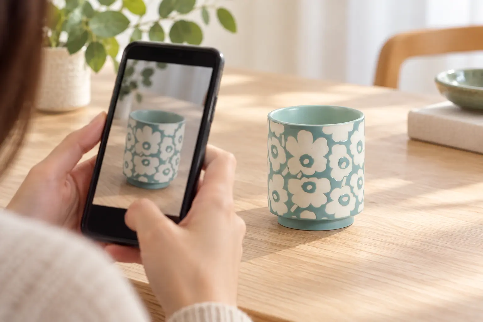 A buyer photographs an empty aqua ceramic vessel with cream flowers using a smartphone.