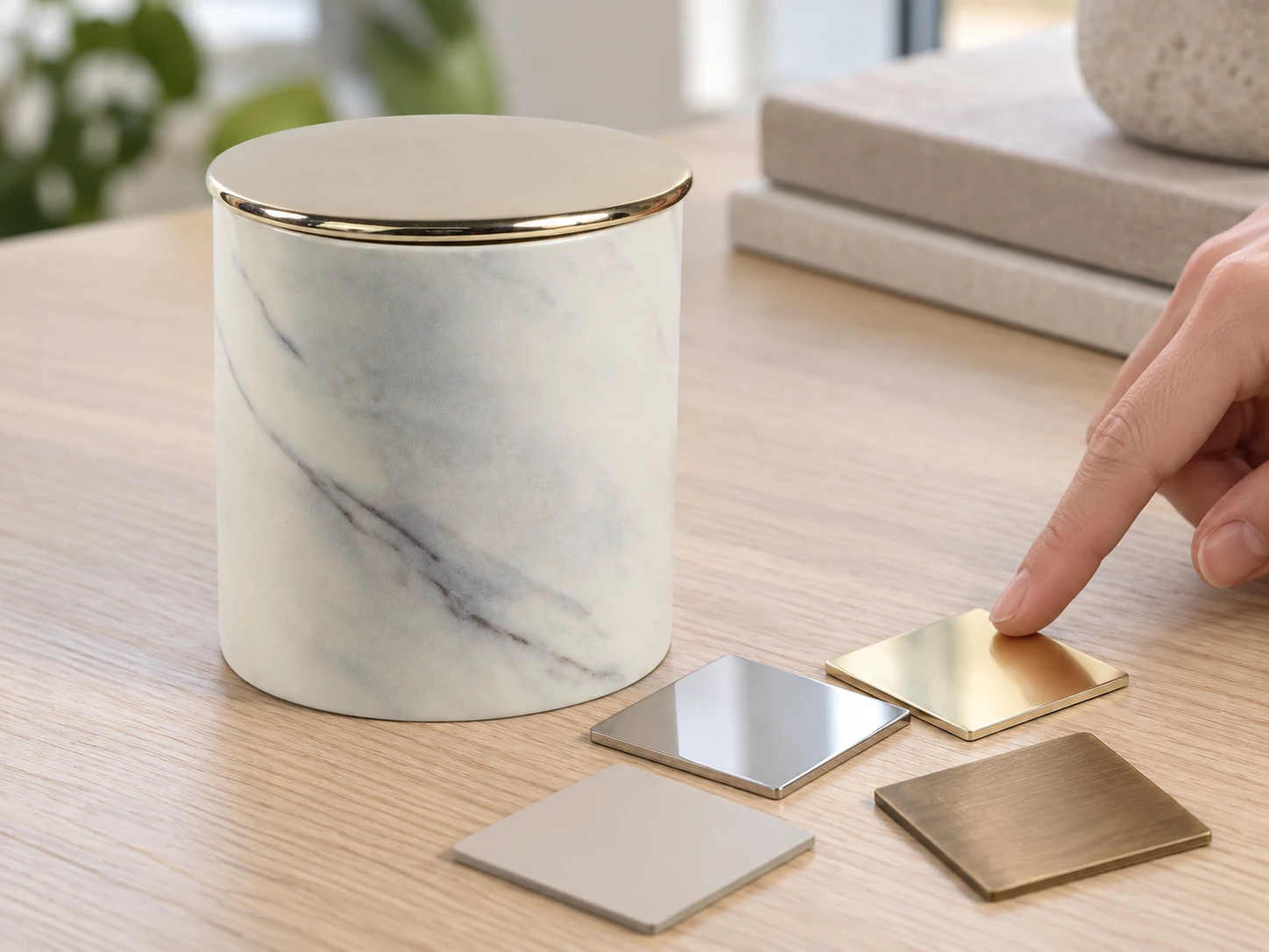 Compare metal lid finish samples when defining candle jar customization