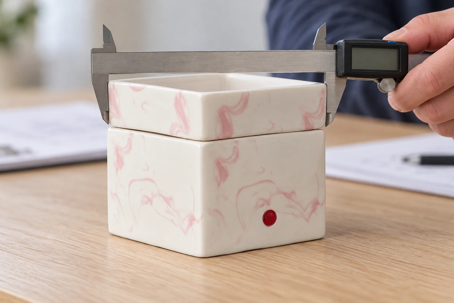 Check the exterior dish dimensions of a ceramic tart warmer during OEM review