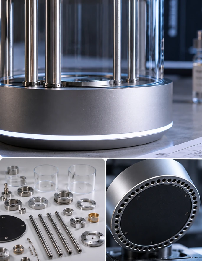 Anonymized glass and metal component details from a Swedish diffuser development case