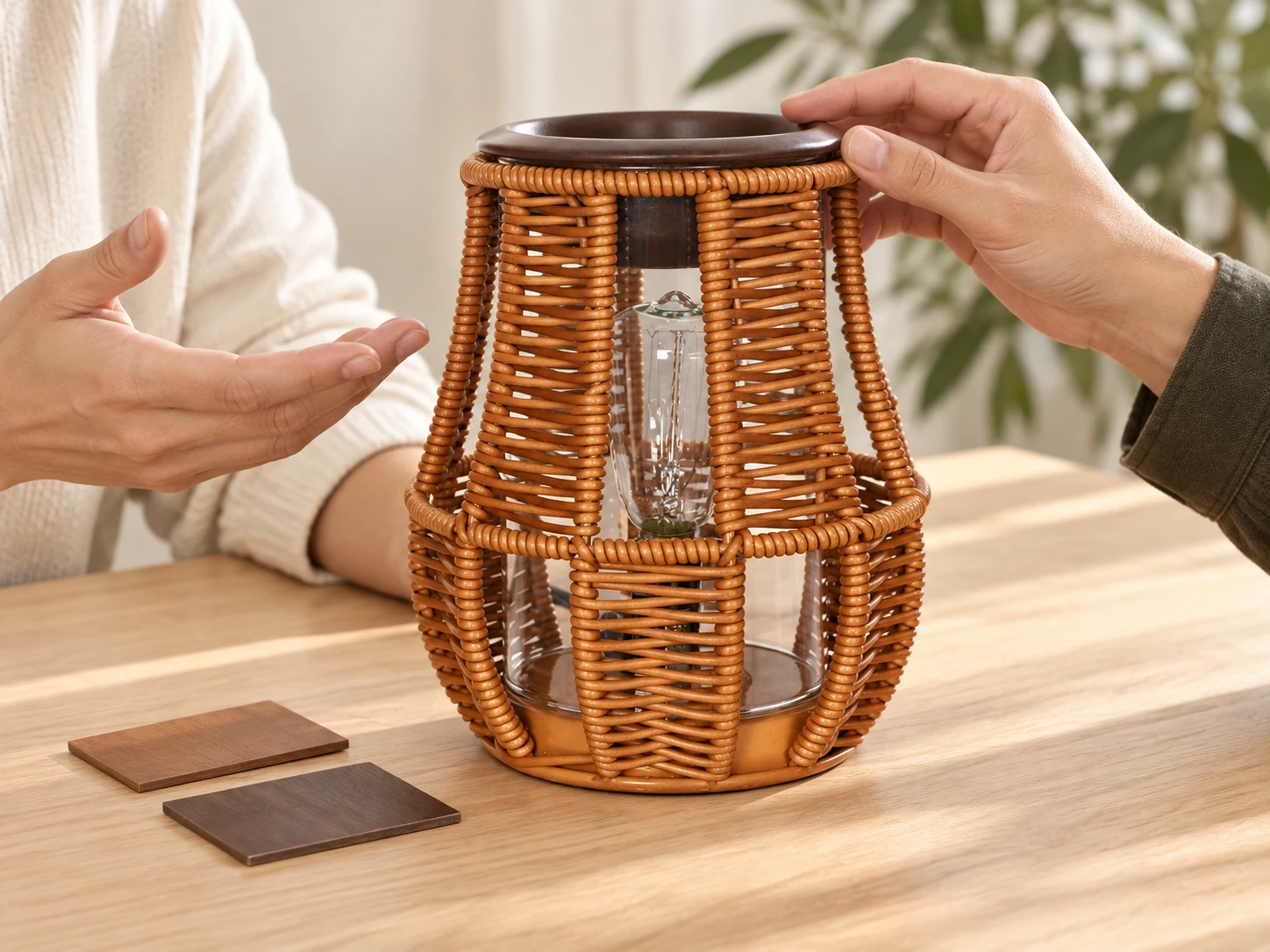 Two people discuss the woven finish and top dish of an unlit electric warmer
