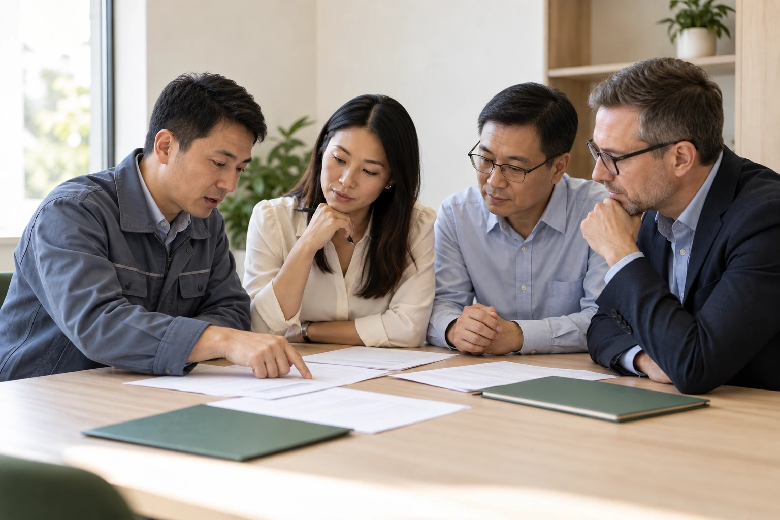 Four people including an export sales representative, a customer and factory personnel review production requirements