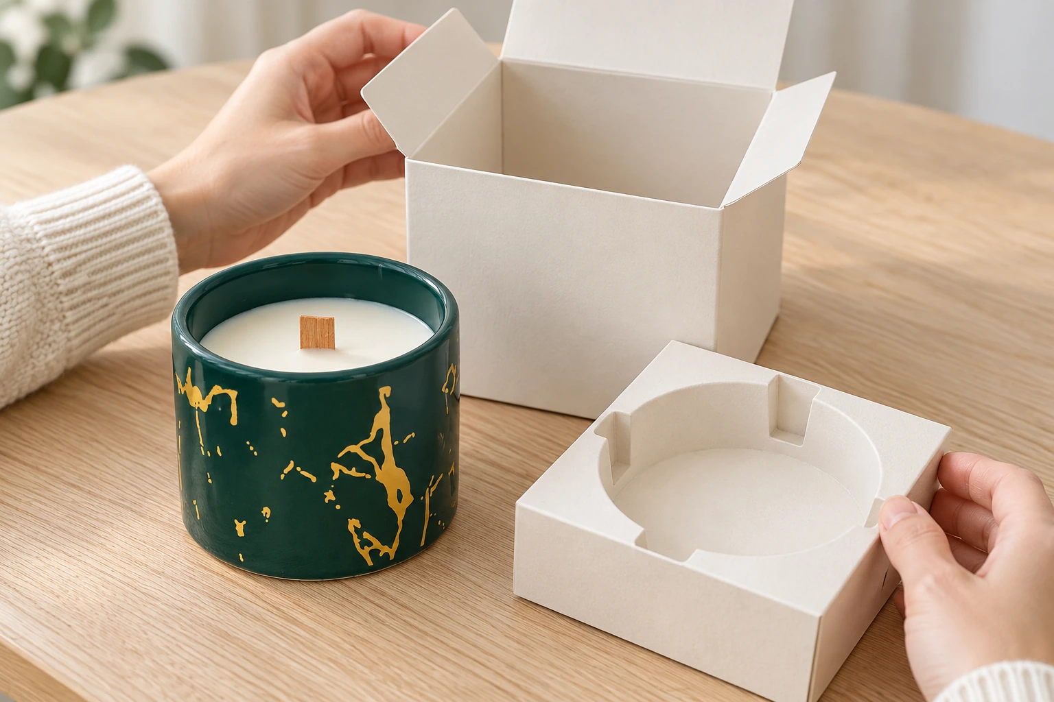 A green and gold candle jar beside an open retail box and a protective insert