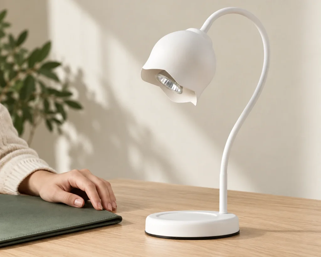 Une lampe chauffe-bougie en métal blanc posée à côté d'un dossier d'évaluation sur un bureau dédié à l'examen des échantillons