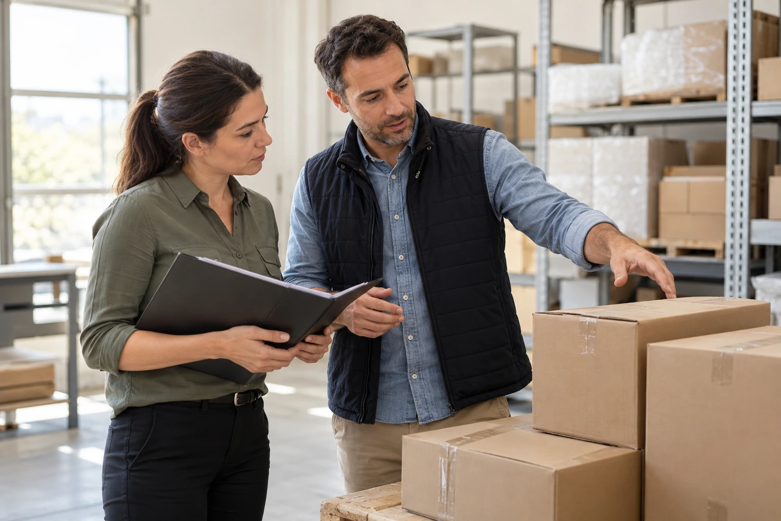 Deux professionnels discutent des documents de commande à côté de cartons scellés dans une zone d'expédition