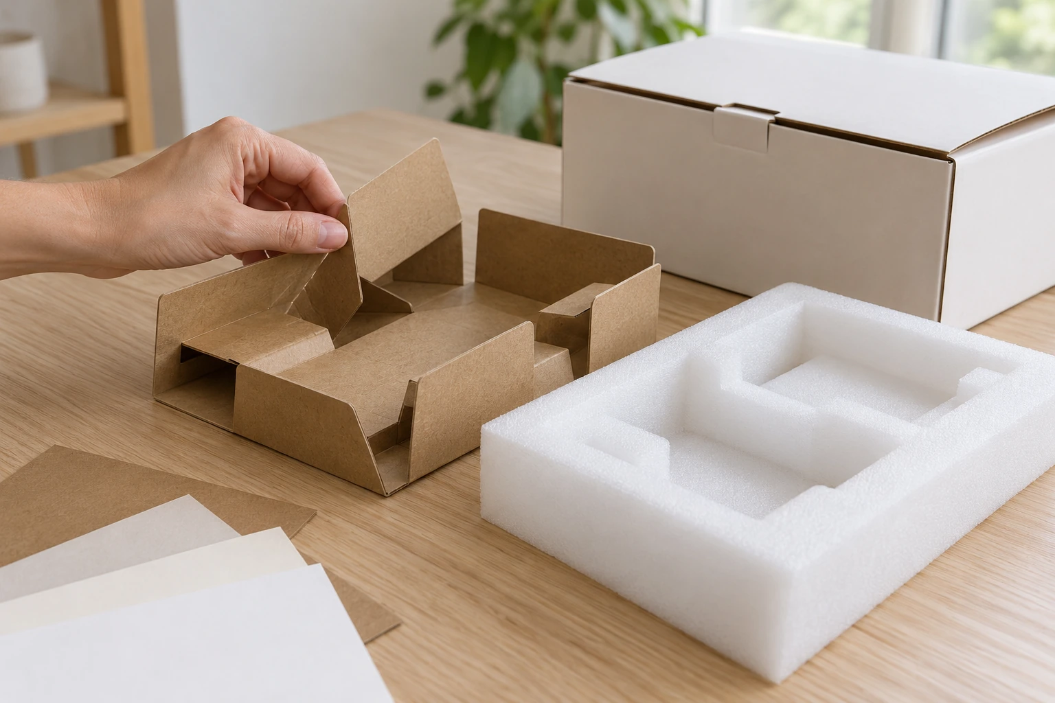 Des inserts en carton et en mousse de polyéthylène blanche à côté d'un carton de vente au détail uni et d'échantillons en papier