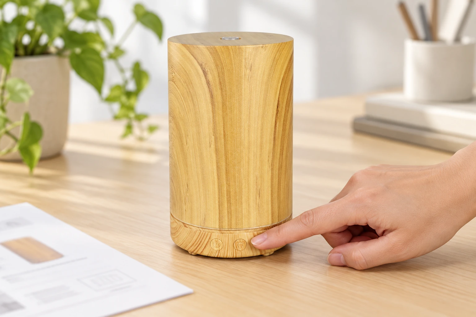 Actionnement manuel d'un bouton avant existant sur un diffuseur cylindrique en plastique imitation bois