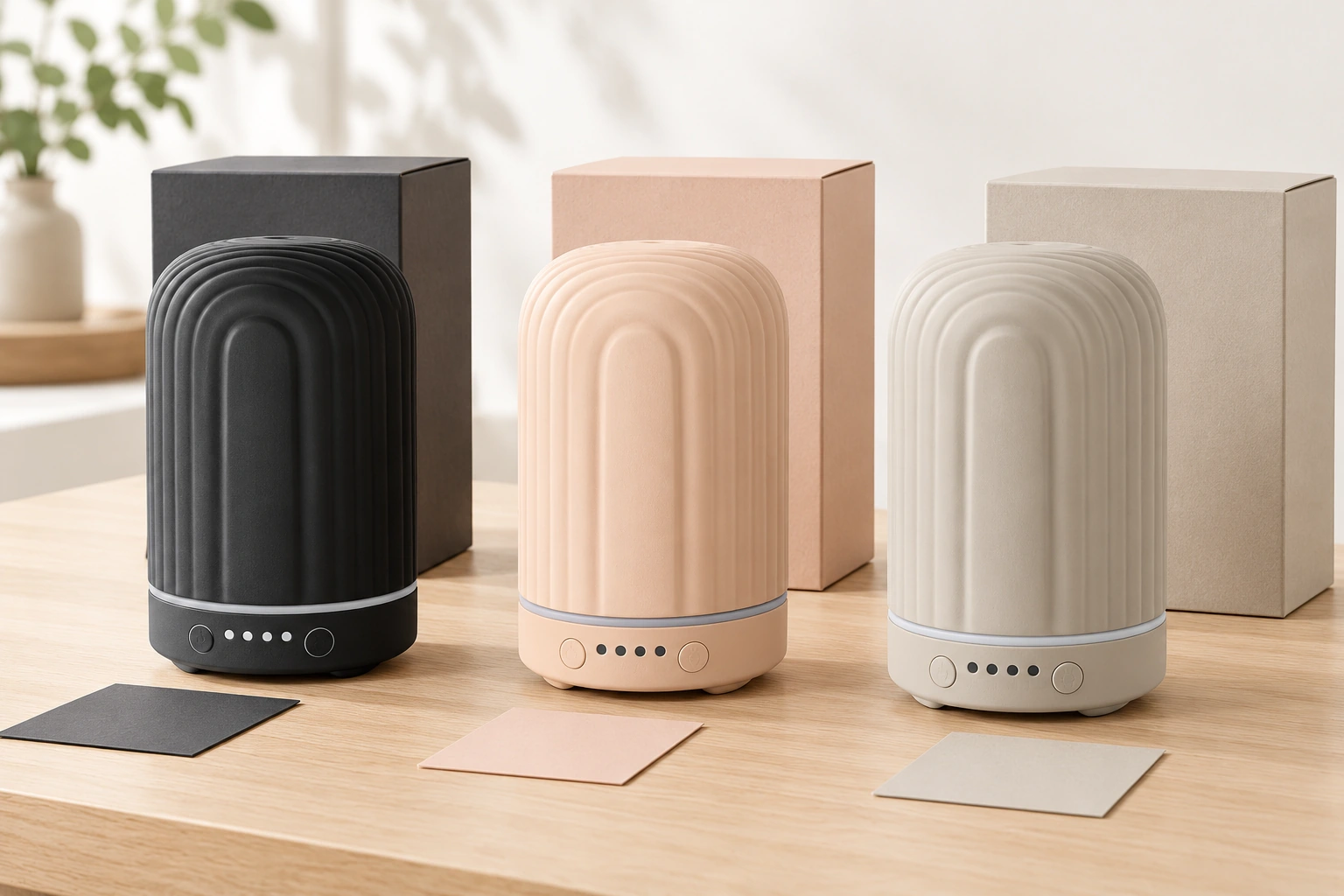 Black, peach and grey-beige decorative ultrasonic diffusers beside matching plain boxes and paper samples.