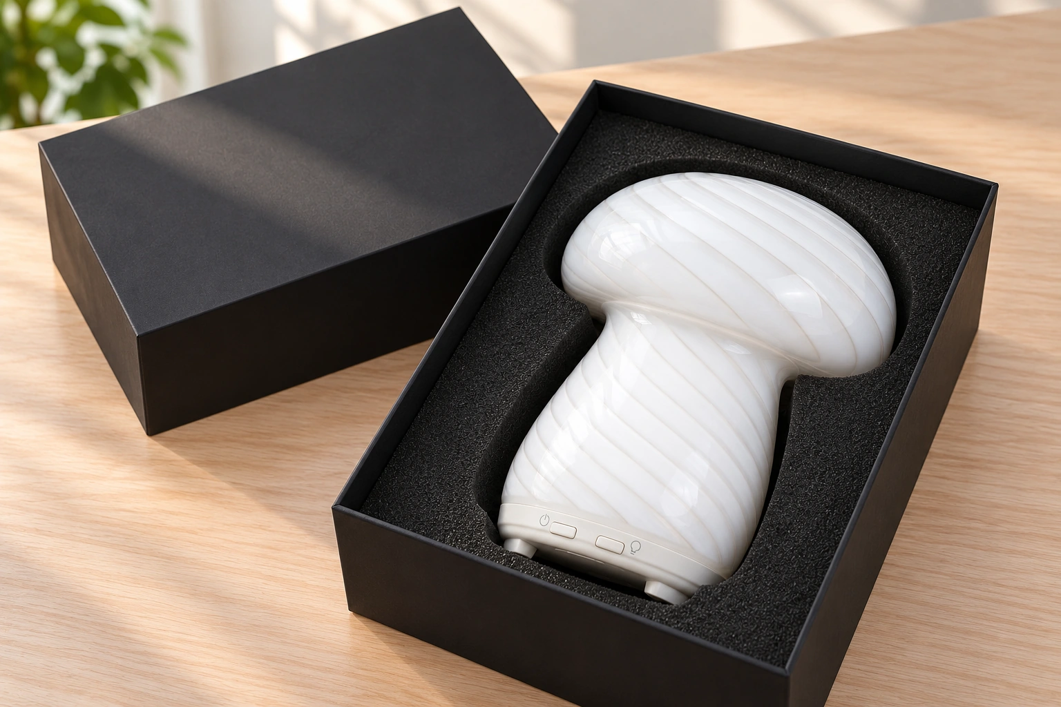 Unlit white mushroom diffuser lying in a shaped black EPE foam insert inside a black lift-off-lid gift box.