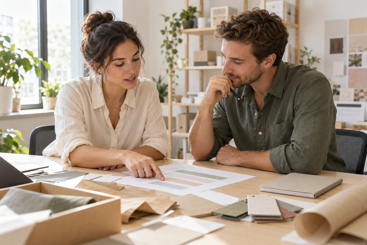 Two product coordinators discussing a production plan with colour and packaging samples.