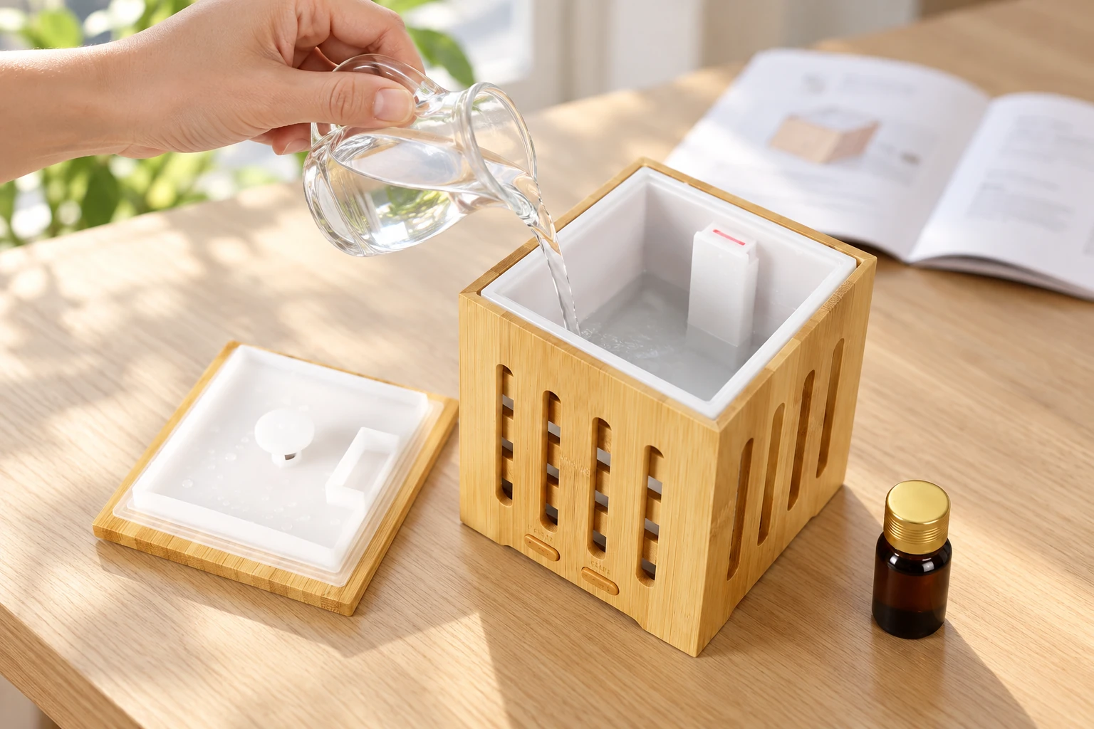 Water poured into a bamboo ultrasonic diffuser tank away from the air passage