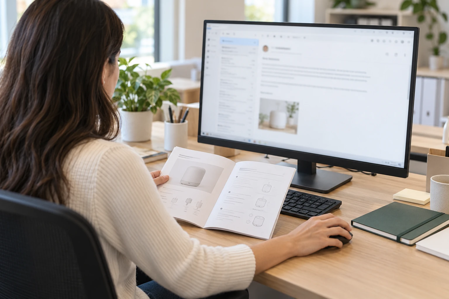 Customer service representative reviews product information beside an instruction booklet