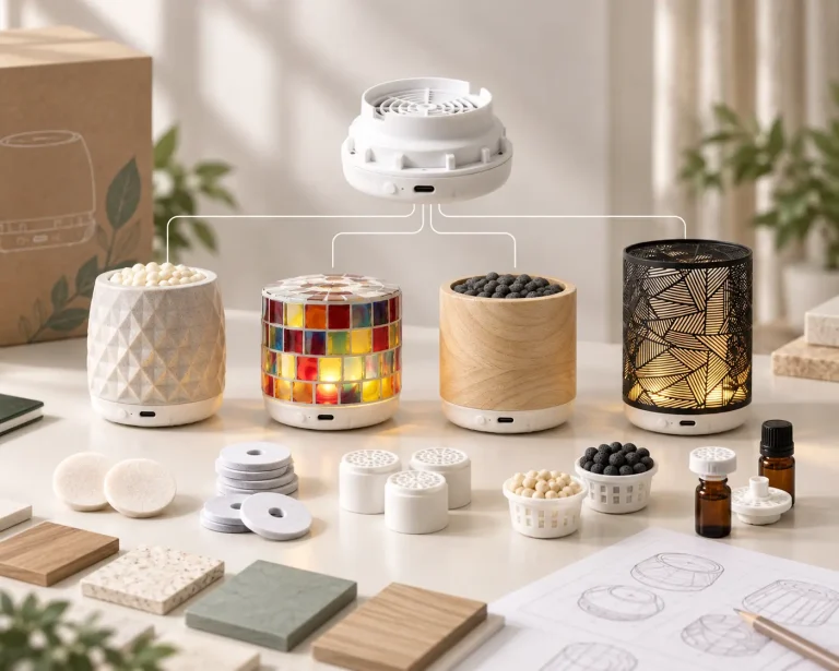 Green-Life modular fan diffuser platform with interchangeable exterior designs, materials and fragrance consumable options for OEM and ODM customization.