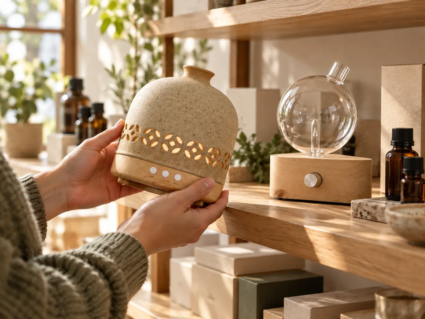Hands inspecting a ceramic ultrasonic diffuser beside fragrance bottles and a glass nebulizer