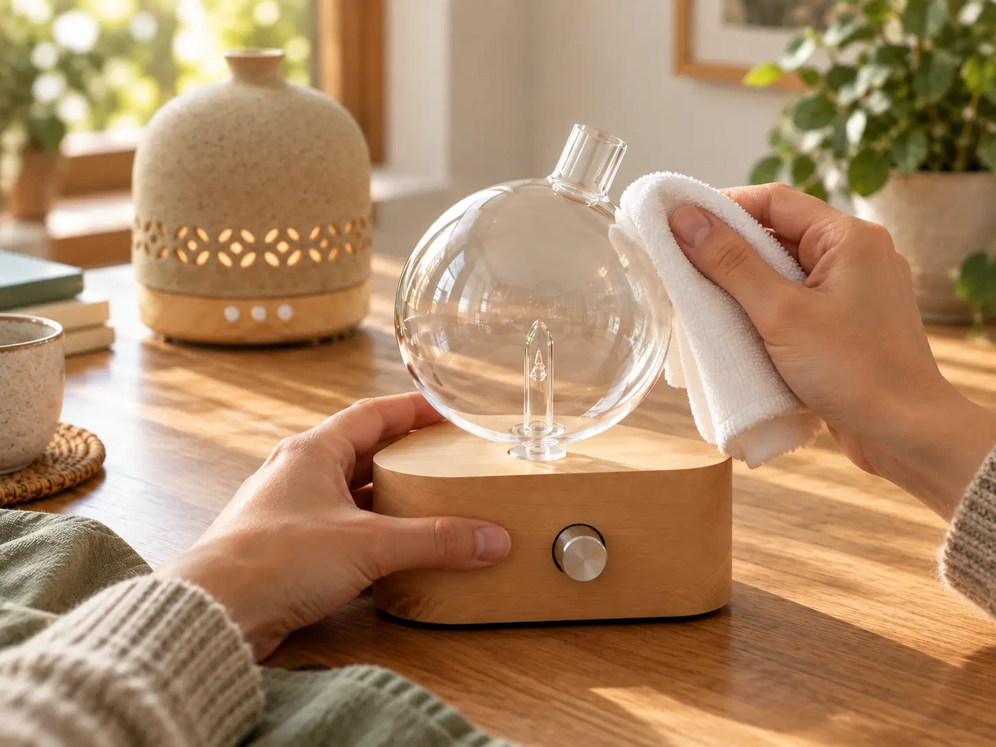 Hands wiping the outside of a glass nebulizer reservoir with a cloth
