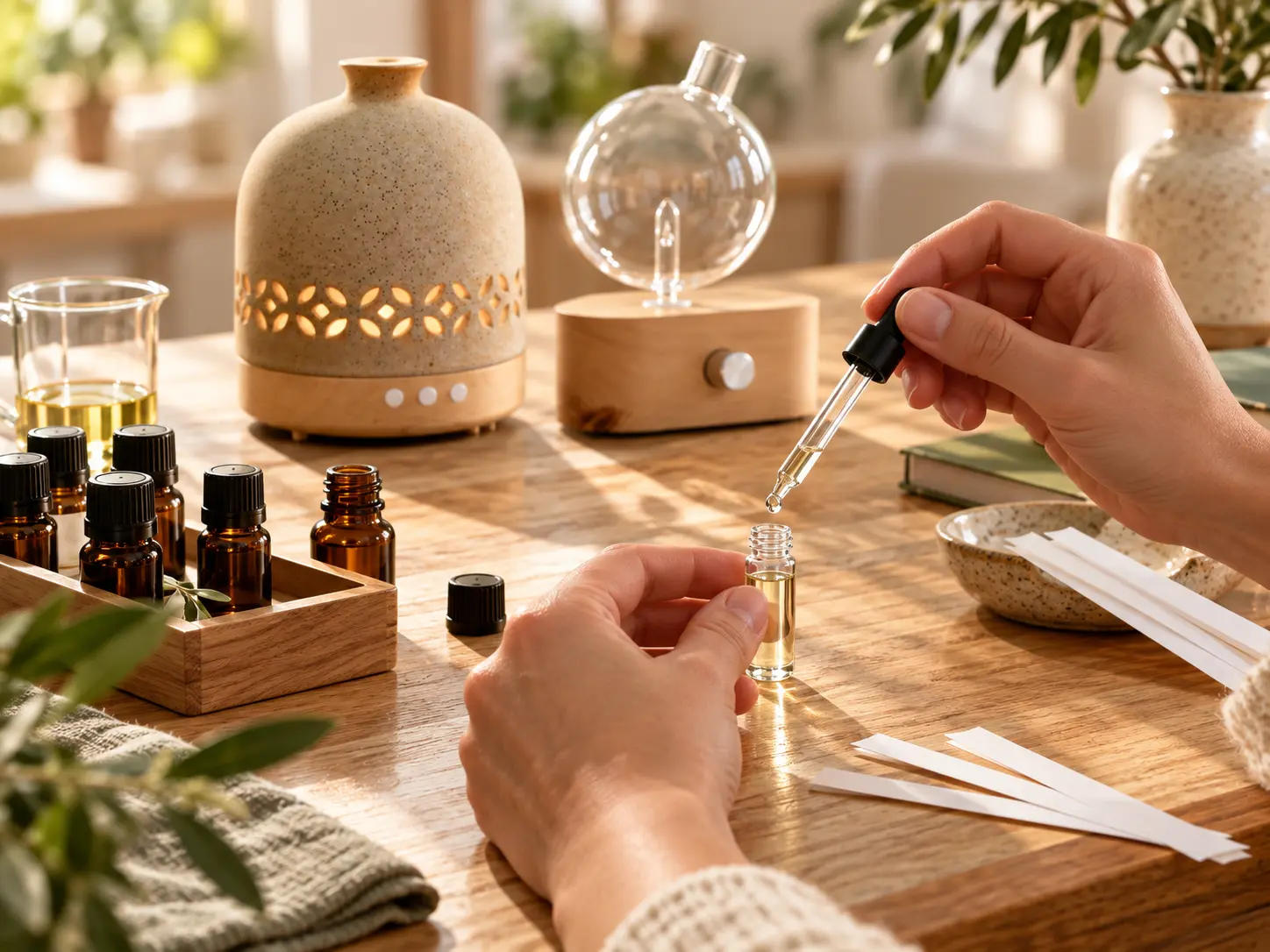 Fragrance sample transferred into a glass vial with diffuser candidates in the background