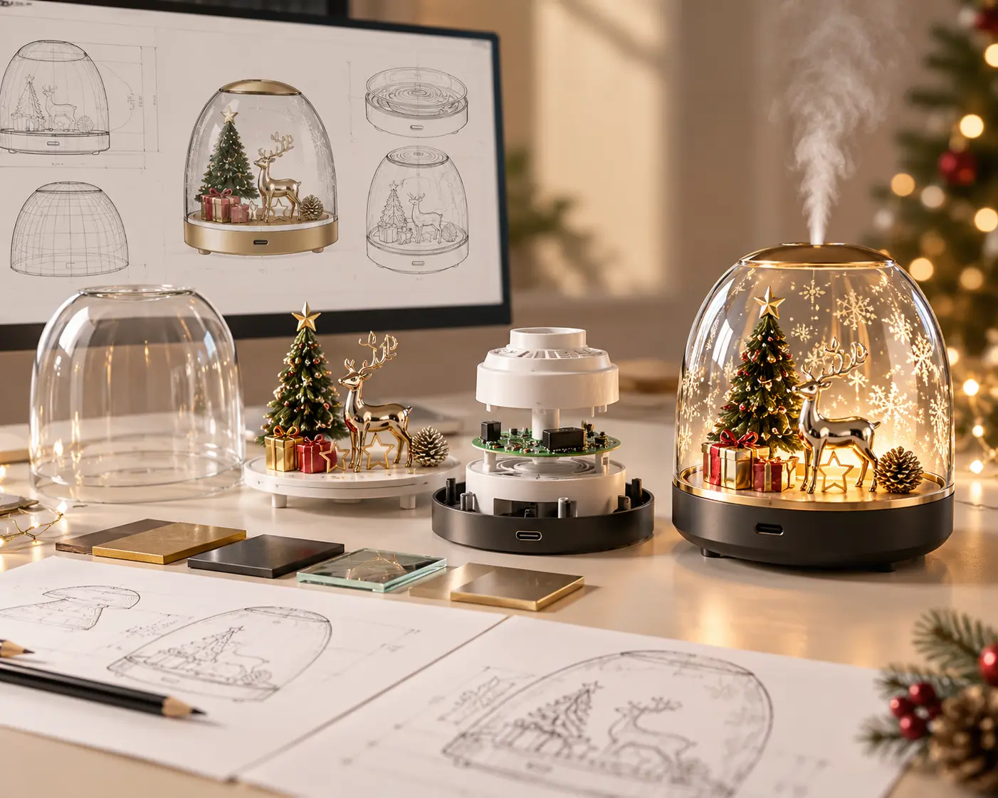 Green-Life new aroma product development from structural design and component engineering to tooling and finished Christmas glass aroma diffuser.