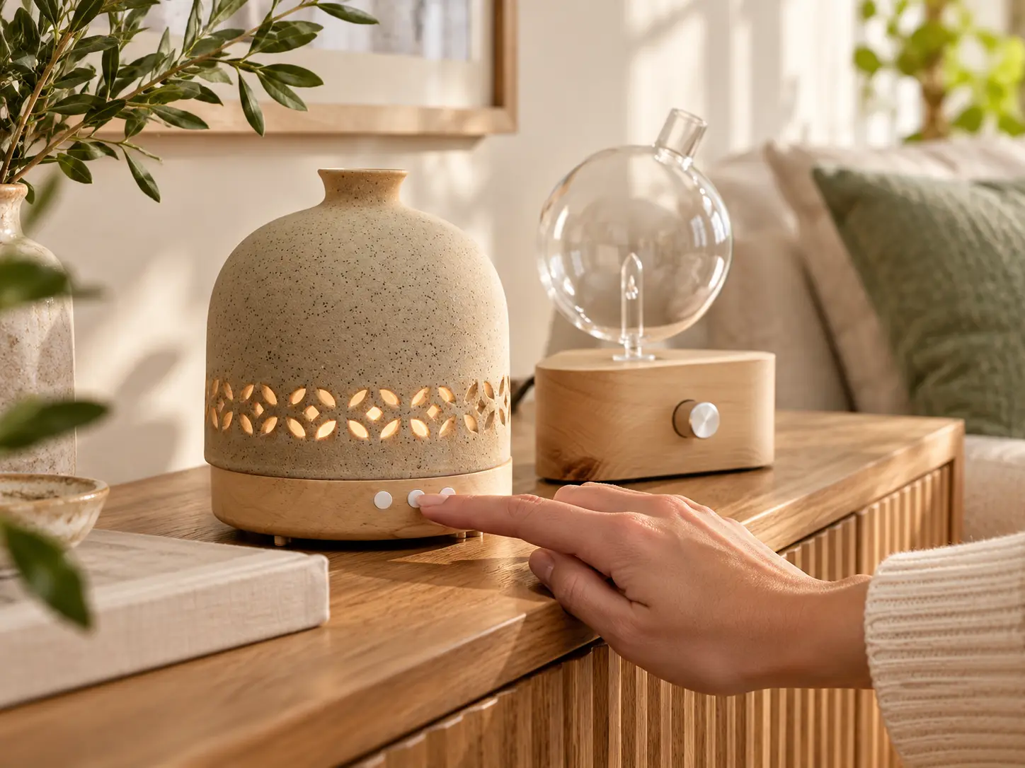 Hand operating a ceramic ultrasonic diffuser in a home setting with a glass nebulizer nearby