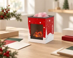 Un chauffe-tarte rouge de Noël, de style cheminée, posé à côté d'échantillons d'emballage sur une table en bois clair.