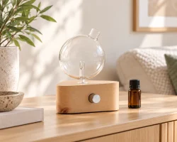 Diffuseur à nébulisation en verre, posé sur un socle ovale en bois, à côté d'un flacon de parfum hermétique.