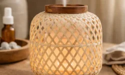 Green-Life woven style bamboo ultrasonic diffuser featuring handcrafted bamboo weave design, combining natural texture with ultrasonic aroma diffusion for decorative fragrance brands and private label collections.