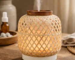 Green-Life woven style bamboo ultrasonic diffuser featuring handcrafted bamboo weave design, combining natural texture with ultrasonic aroma diffusion for decorative fragrance brands and private label collections.