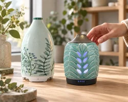 A hand rests on a green leaf-pattern diffuser beside a tall botanical-print ceramic diffuser on a wooden table.